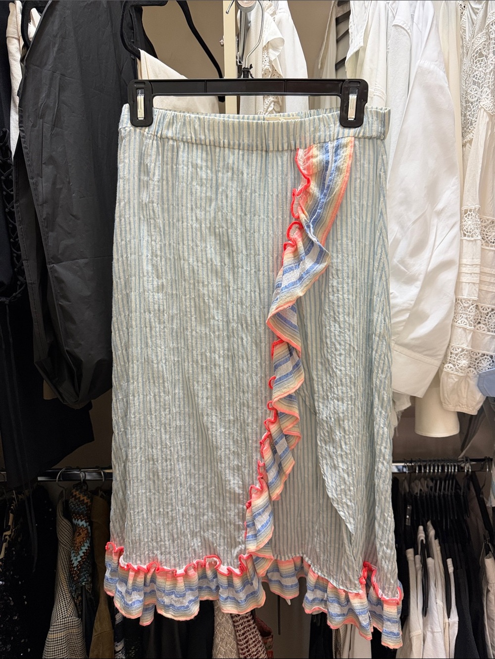 Lemlem Light Blue Striped Midi Skirt with Multicolor Ruffle Trim